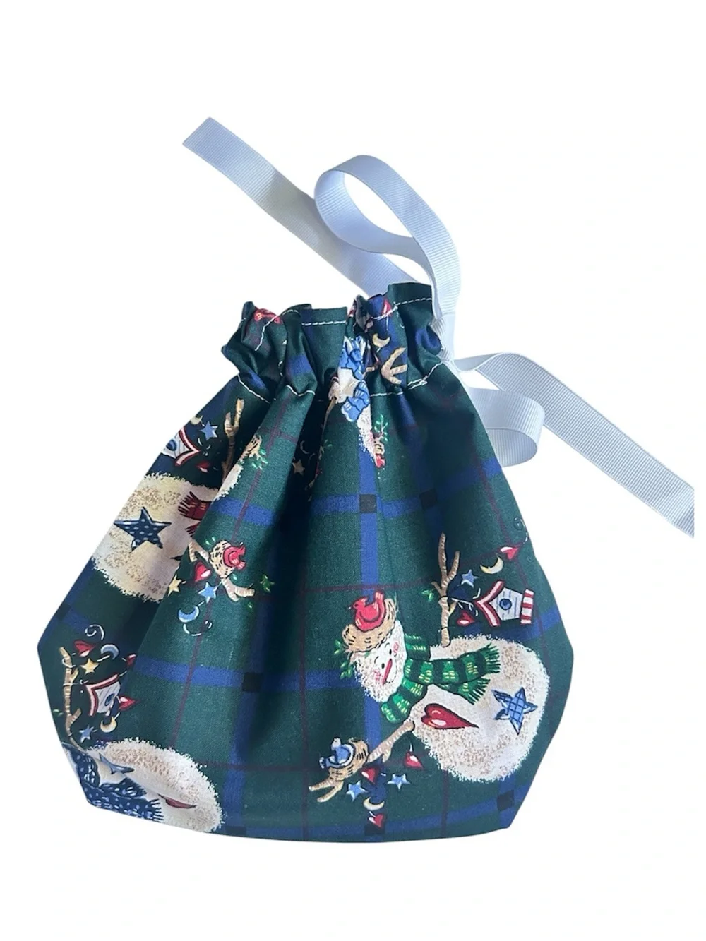 Hand Crafted Snowman Drawstring Gift Bag with White Ribbon Eco Friendly Reusable